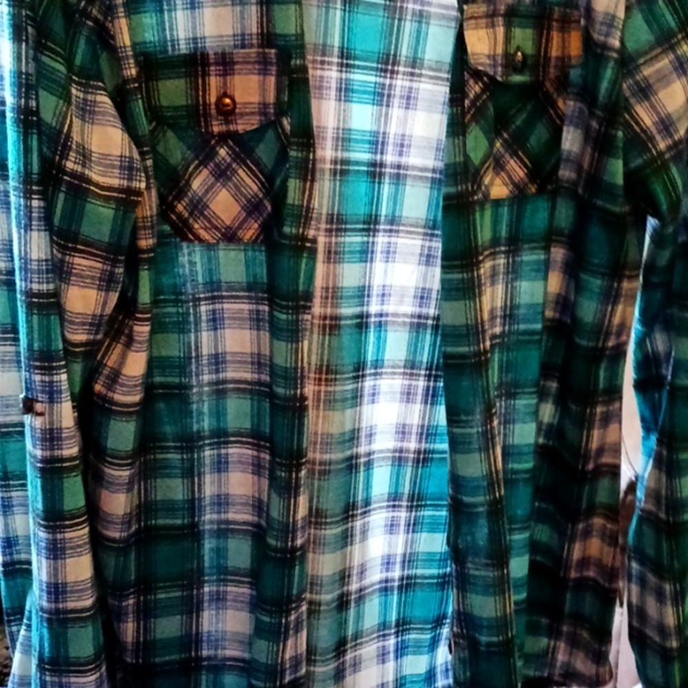 R N B  green black and white plaid long sleeve shirt